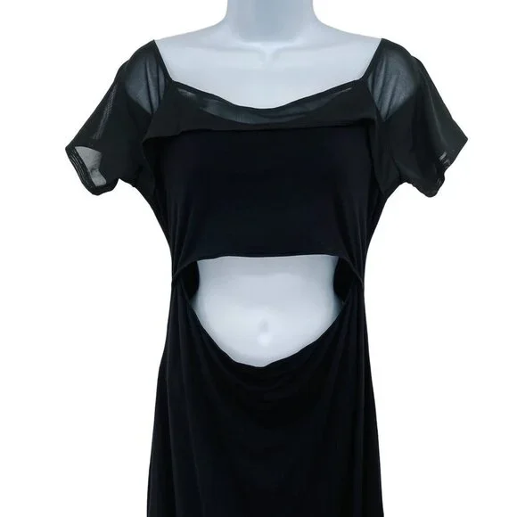 NEW Good American Off the Shoulder Cut Out Mesh Midi Dress Black - Picture 7 of 14